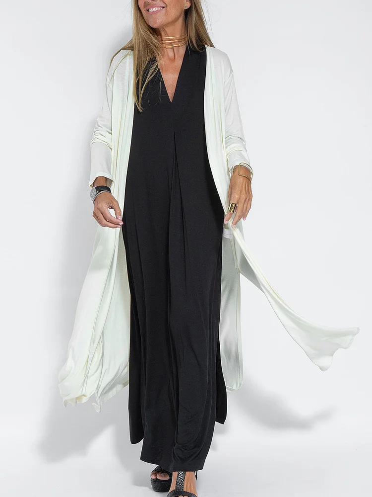 European And American Fashion New Style Solid Color Long Sleeve Long Slit Trench Coat