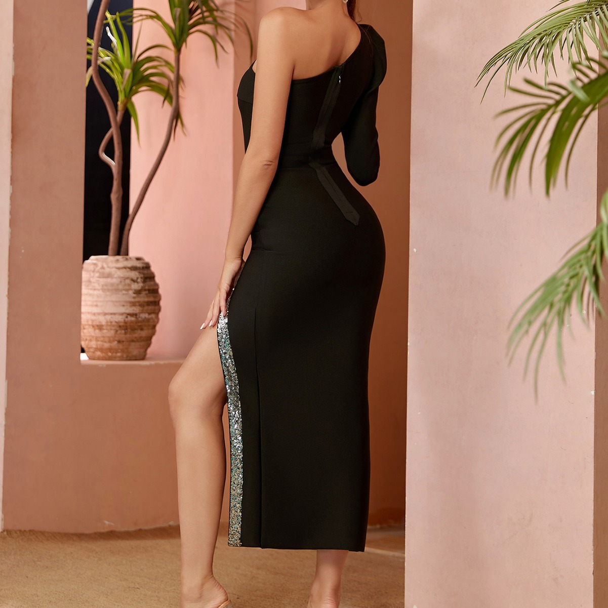 One-Shoulder Long-Sleeve Bandage Dress, picture 3 of 6