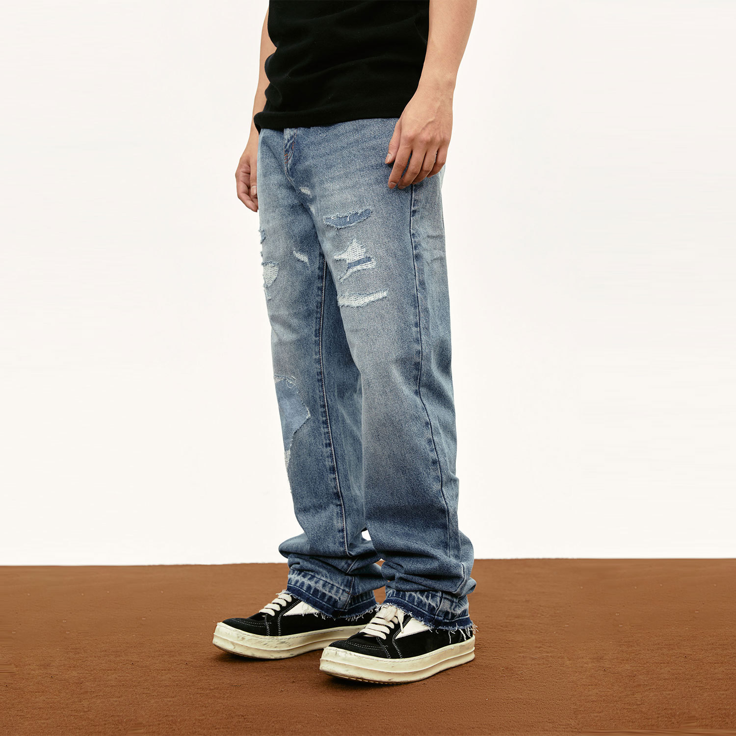 Make Old Ripped Patch Washed Straight-leg Trousers