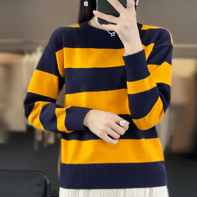 Women's Round Neck Sweater Loose fitting Striped Long Sleeves Purplish Blue - Shop at LoveMi