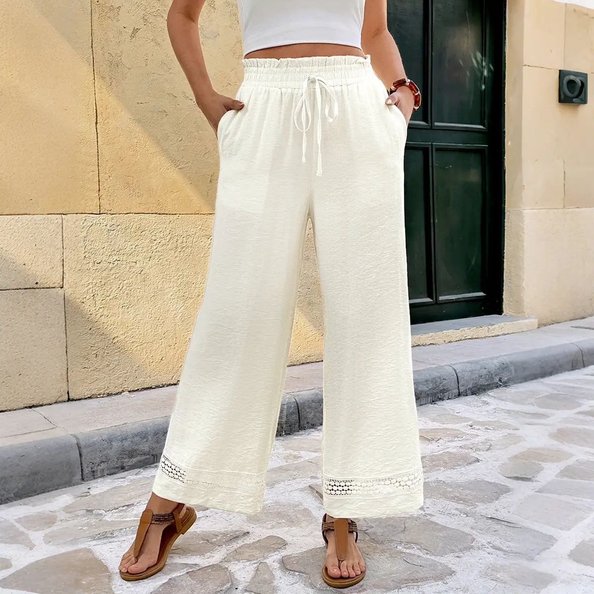 Women's Wide-Leg Casual Pants with Elastic Waist and Lace Trim