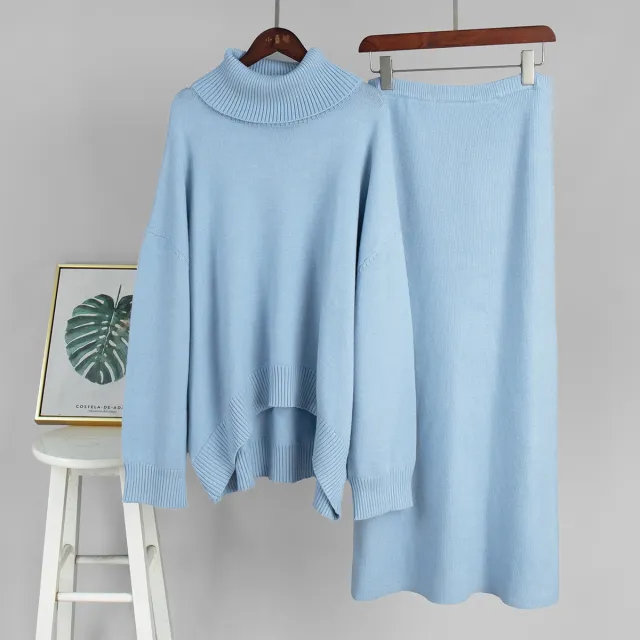 Casual Solid Color Turtleneck Sweater Skirt Suit Blue - Shop at LoveMi