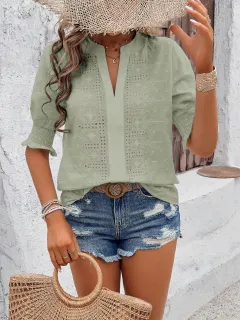 V-neck Puff Sleeve Half Sleeve Hollow Hair Ball Solid Color T-shirt Top - Green - View 1