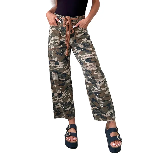 New High waisted Women's Camouflage Print Brushed Straight leg Jeans Green - Shop at LoveMi