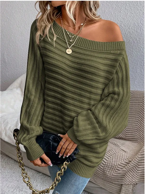 Off neck Horizontal Pattern Sunken Stripe Pullover Knitted Top Army Green - Shop at LoveMi