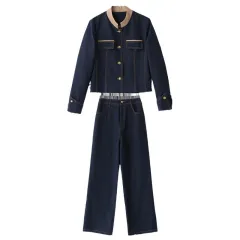 Elegance Retro Casual Denim Jacket High Waist Wide Leg Pants Two-piece Suit - Denim Colour - View 1