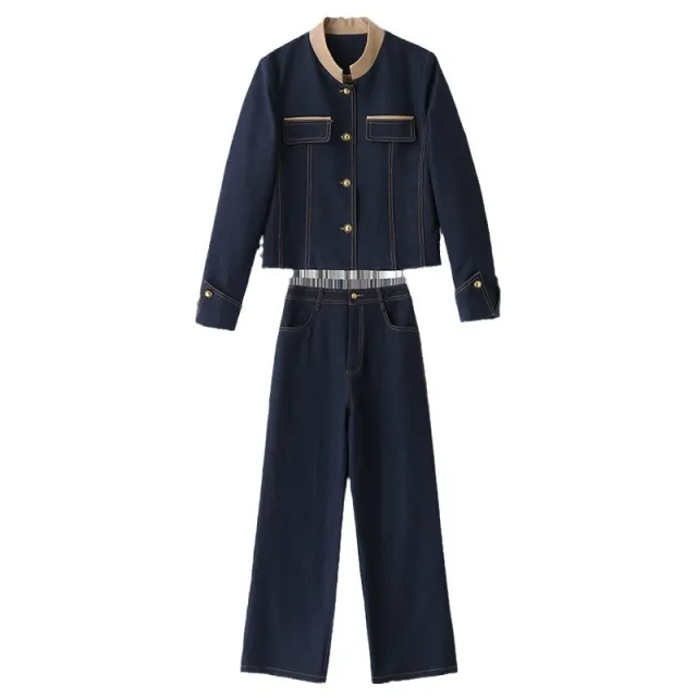 Elegance Retro Casual Denim Jacket High Waist Wide Leg Pants Two piece Suit Denim Color - Shop at LoveMi