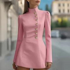 Slim-fit Solid Colour Short Sleeve Stand Collar Single-breasted Dress - Pink - View 1