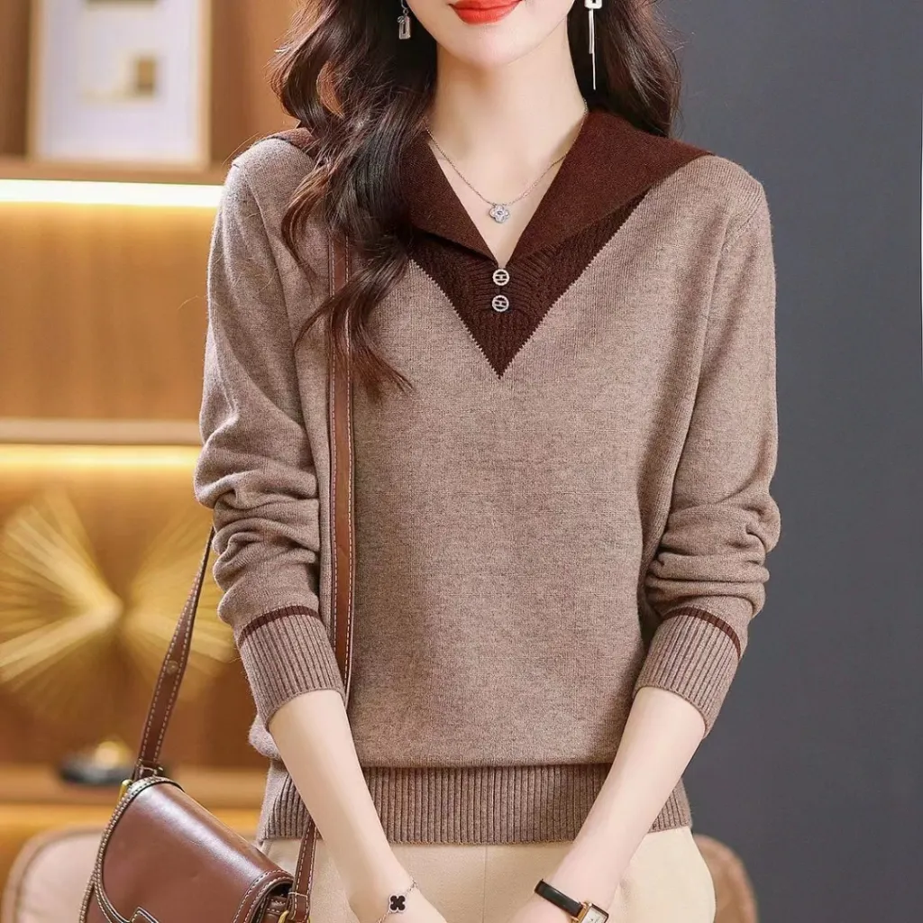 Lapel Outer Long-sleeves Knitted Pullover Sweater Women - Camel