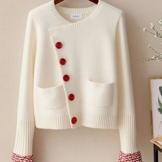 Design Sense Outer Wear Diagonal Buckle White Sweater Coat White - Shop at LoveMi