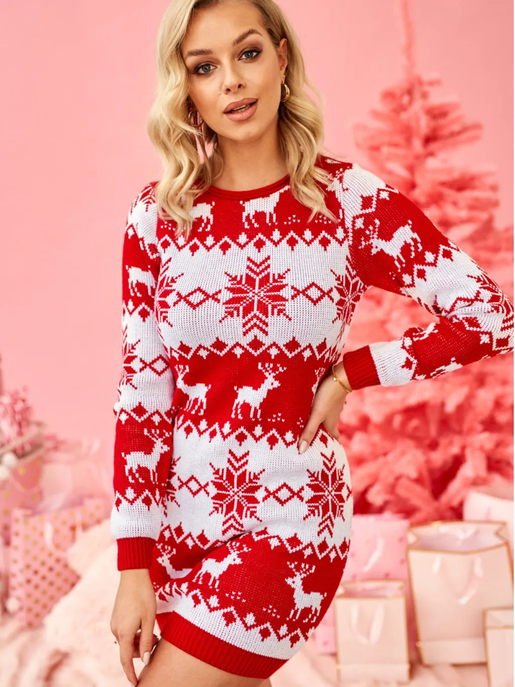 Women's Elk Snowflake Brocade Sweater Female Dress - Red