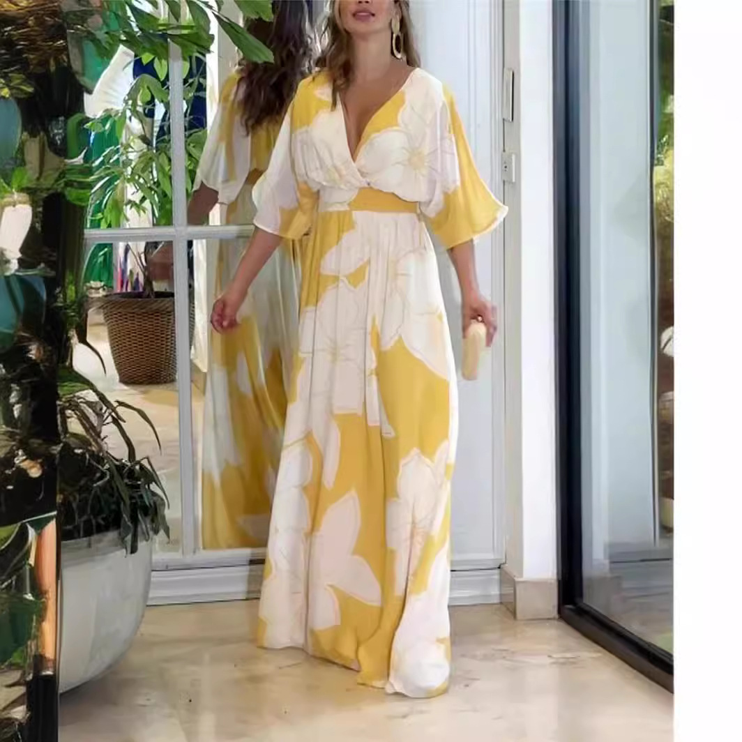 Flower Printed V-neck Long Dress