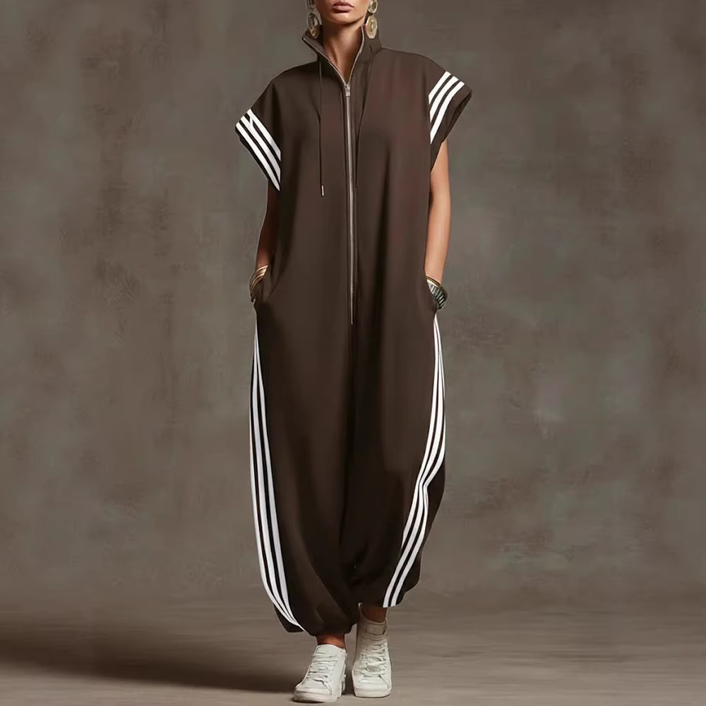 Striped Contrast-Color Jumpsuit With A Zippered Stand Collar