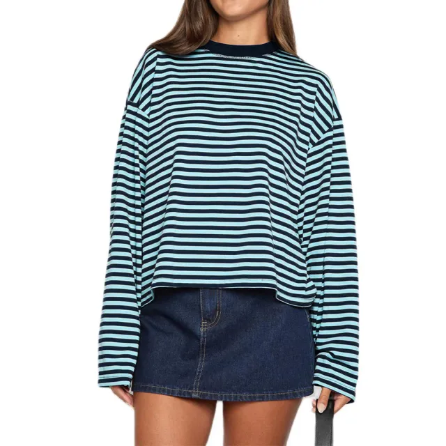 Color blocked Lazy Round neck Cotton Long sleeve Striped T shirt Blue - Shop at LoveMi
