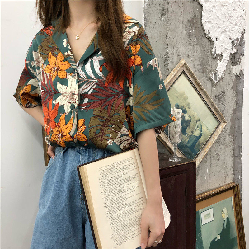 Women's Fashion Casual Loose Slimming Retro Hong Kong Style Floral Casual Top