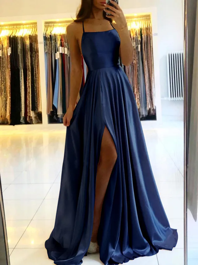 Long European And American Style Dress Slim Strap Back to back Dress High Slit Dance Host Dress Navy Blue Long - Shop at LoveMi