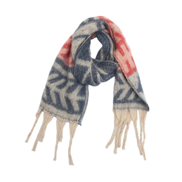 Hot New Foreign Trade Shawl European And American Autumn And Winter Thickened Circle Yarn Thick Tassel Leaves Scarf 01 Dark Blue & Red - Shop at LoveMi