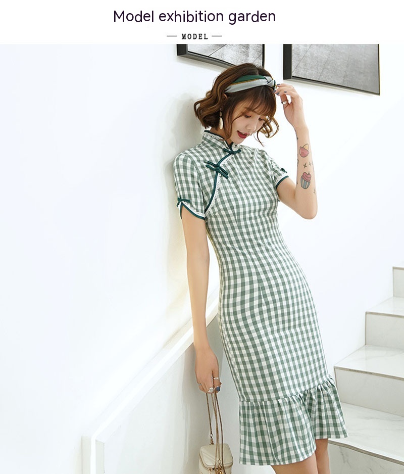 Summer Girl Cheongsam Improved Daily Casual Clothes Plaid Dress