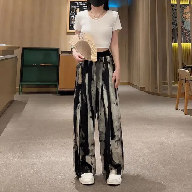 New Guo Feng Ink Painting Ice Silk Wide leg Pants Summer Women Ink Black - Shop at LoveMi