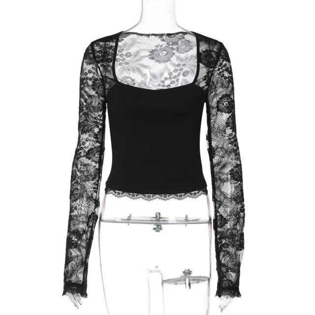 Sexy Lace Cutout Stitching Long Sleeve Black - Shop at LoveMi