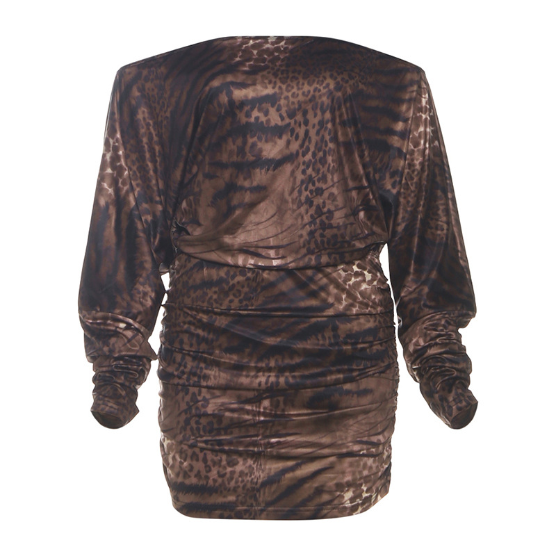 New Autumn Womens Leopard Print Off the Shoulder Long Sleeve Bodycon Dress Brown - Shop at LoveMi