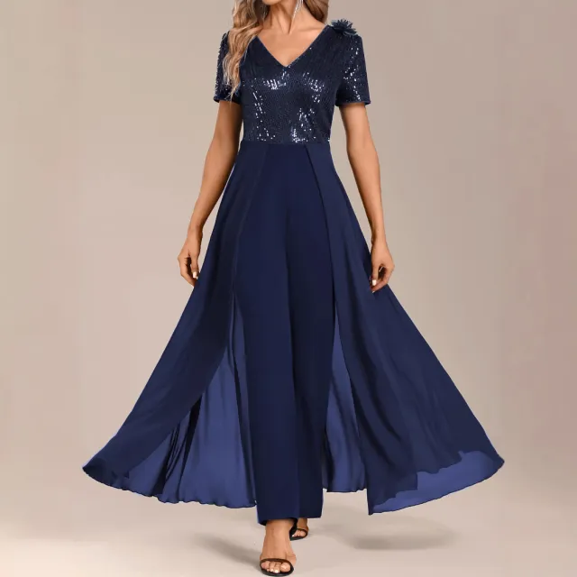 Solid Color Temperament Chiffon Sequin Splicing Women's Jumpsuit Blue - Shop at LoveMi