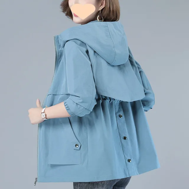 New Hooded Mom Fashion Casual Trench Coat Top For Women Water Blue - Shop at LoveMi