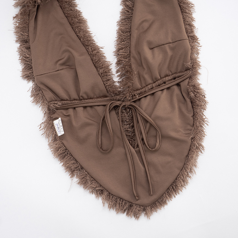 Fuzzy Collar Brown Patchwork Skirt Set for Autumn Winter Fuzzy Collar Brown Patchwork Skirt Set for Autumn Winter