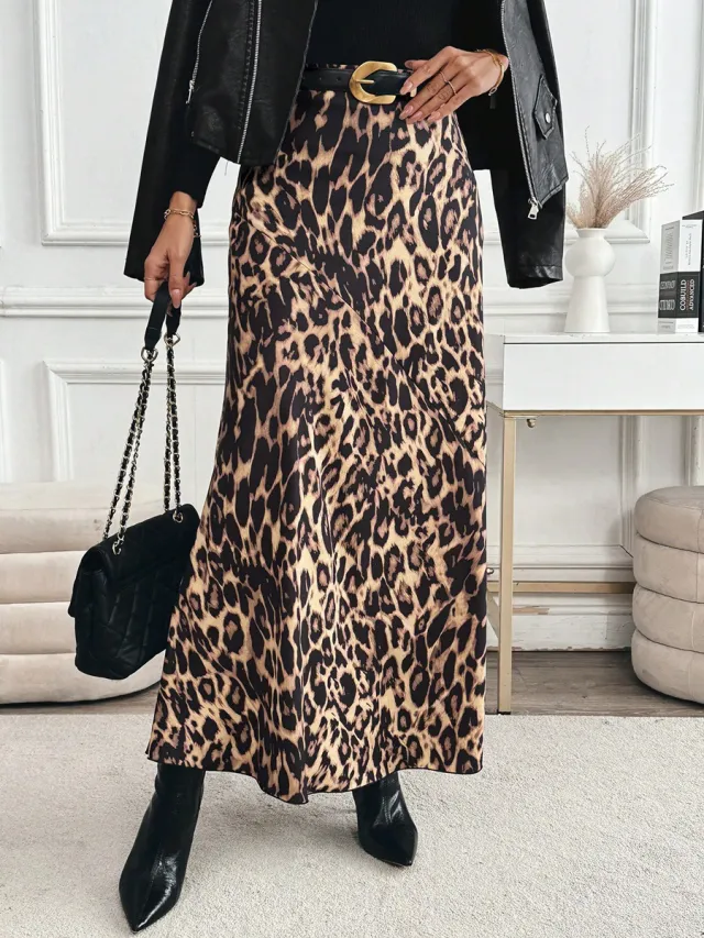 Slimming Leopard Print Skirt High waisted Loose Long Dress With Print Apricot - Shop at LoveMi