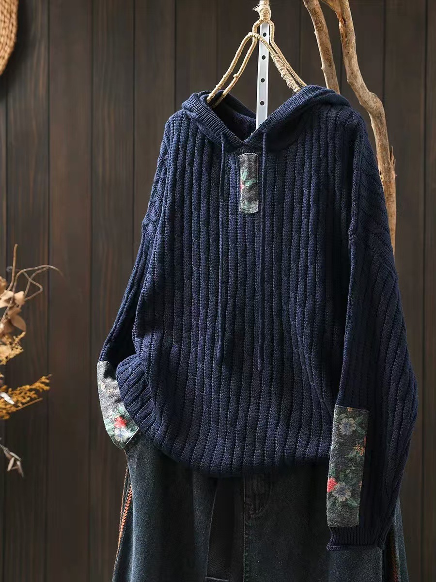 Womens Ethnic-Style Loose-Fit Oversized Sweater With Drawstring Hood