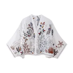V-neck Embroidery Breasted Shirt High Waist Embroidery Skirt Suit - Shirt-L - View 1