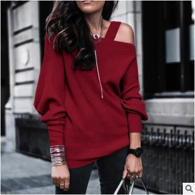 Long Sleeve Solid Color Rib Fabric Shoulder baring Sweater Sweater Red - Shop at LoveMi