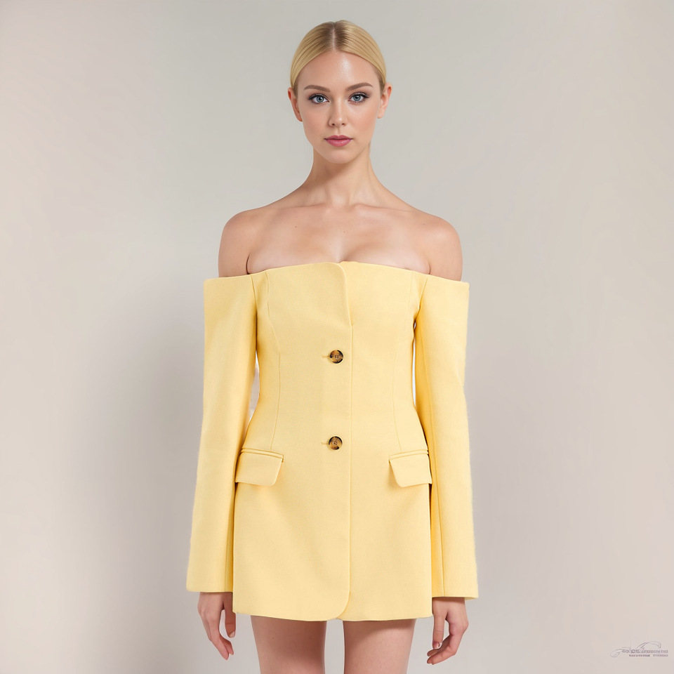 Off-the-shoulder Off-Neck Goose Yellow Suit Women's Slim-fit Single-breasted Mid-length Jacket