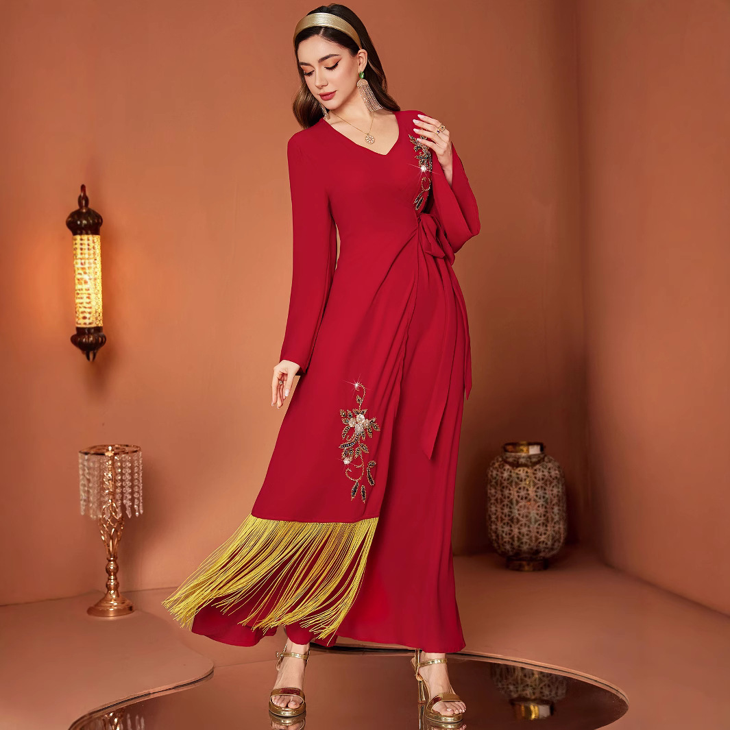 ZF4074 Red V-neck Stitching Yellow Tassel Dress