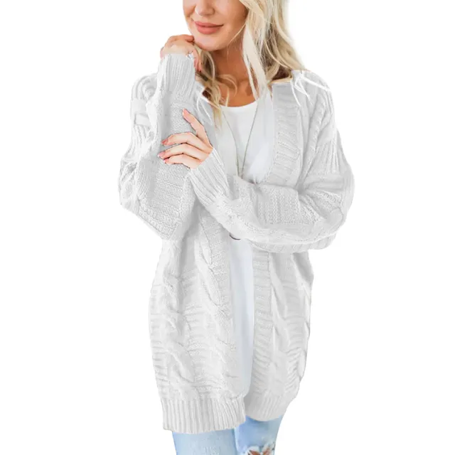 Women's Twist Cardigan Solid Color Mid length Coarse Yarn Sweater Beige - Shop at LoveMi