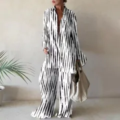 Fashion Printed Loose Long Sleeves Shirt Straight-leg Trousers Women's Suit - Pinstripe - View 1