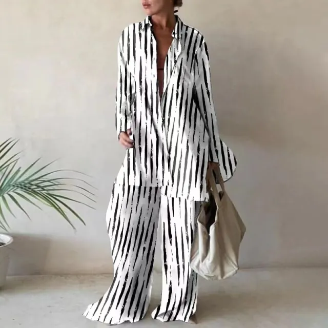 Fashion Printed Loose Long Sleeves Shirt Straight leg Trousers Women's Suit Pinstripe - Shop at LoveMi