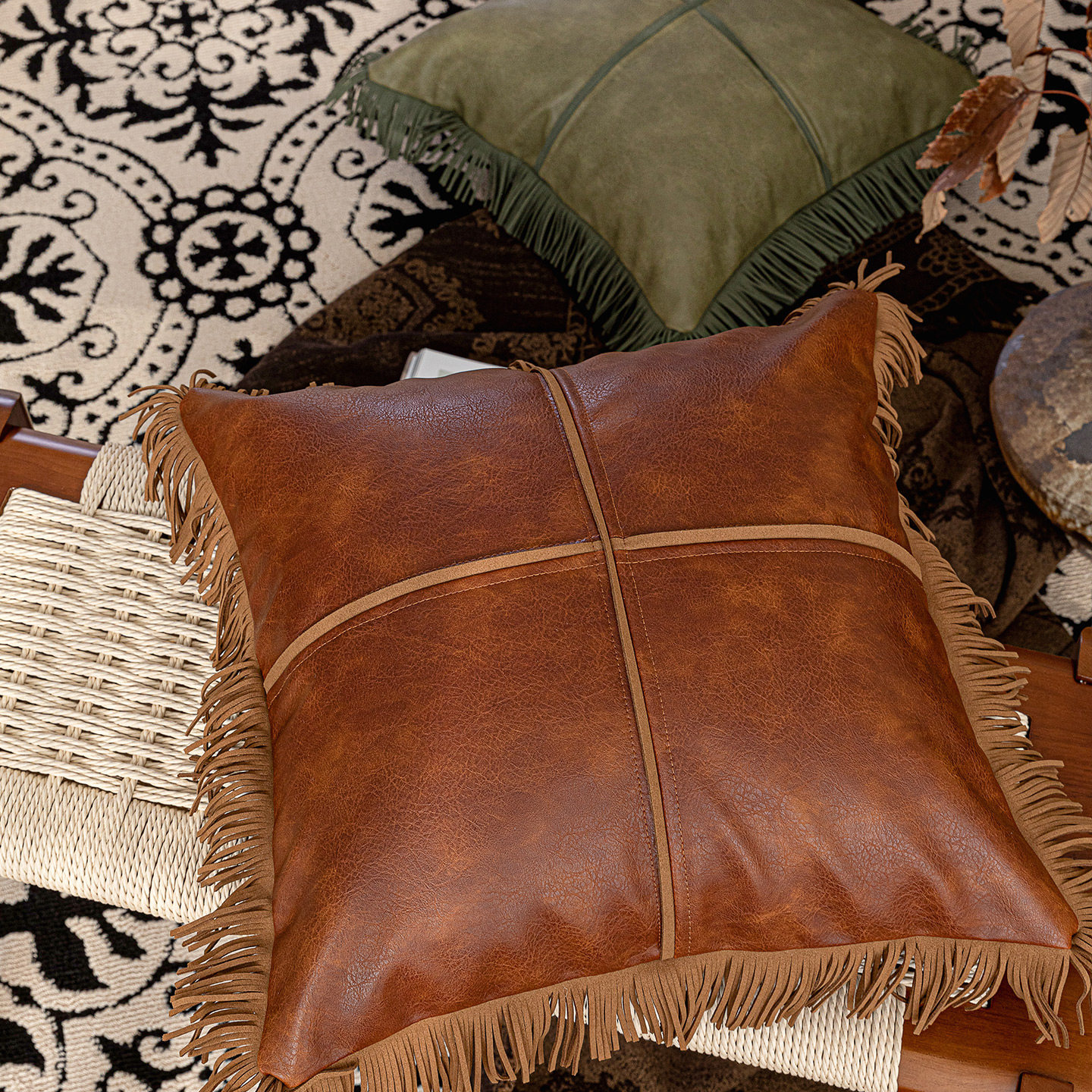 American-style Luxury Fringed Leather Sofa Cushion Vintage Design