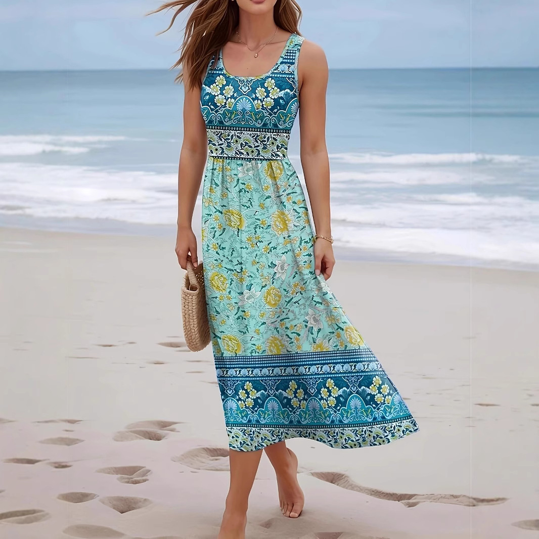 Seaside Beach Sleeveless Long Jumper Dress Women's Clothing Cyan - Shop at LoveMi