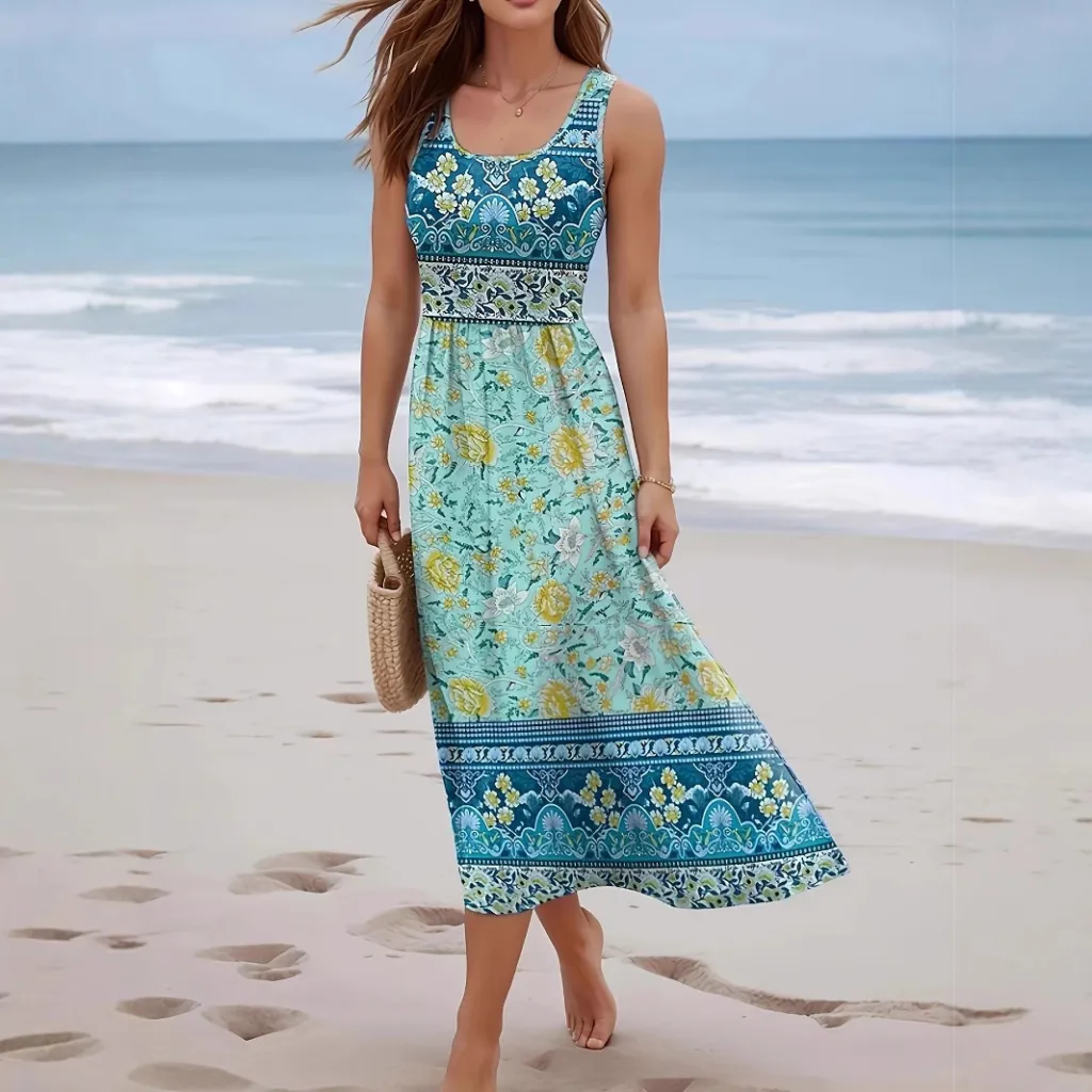 Seaside Beach Sleeveless Long Jumper Dress Women's Clothing - Cyan