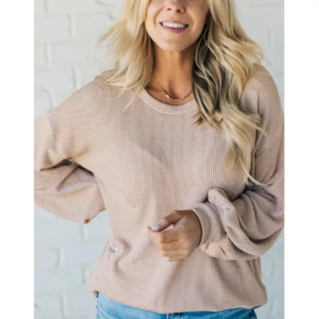Round Neck Plus Size Loose Pullover Casual Top Khaki - Shop at LoveMi