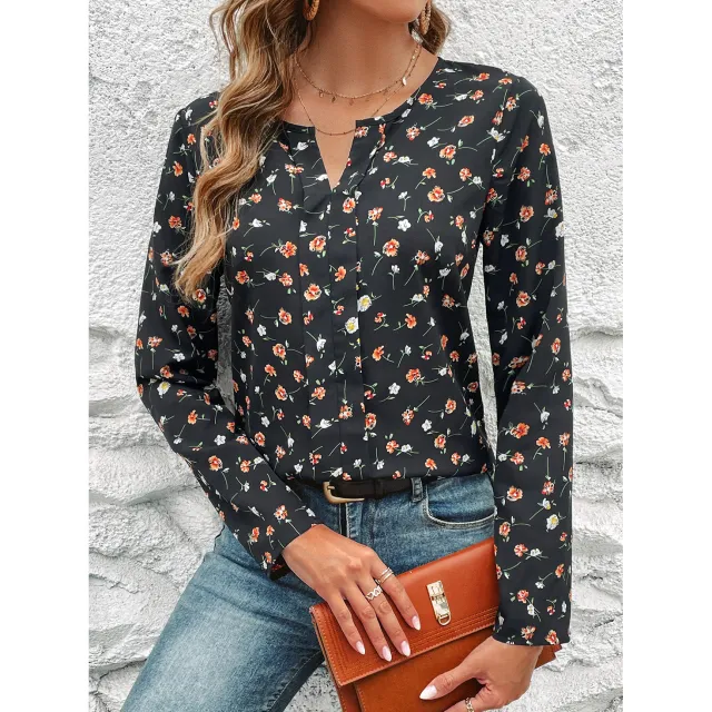 Women's Round neck Floral Print Long Sleeve Top Black - Shop at LoveMi