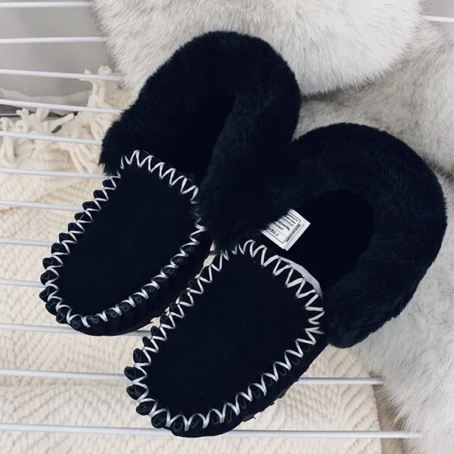 Autumn And Winter Fleece lined Loafers Women's Flat For Outdoors Black - Shop at LoveMi