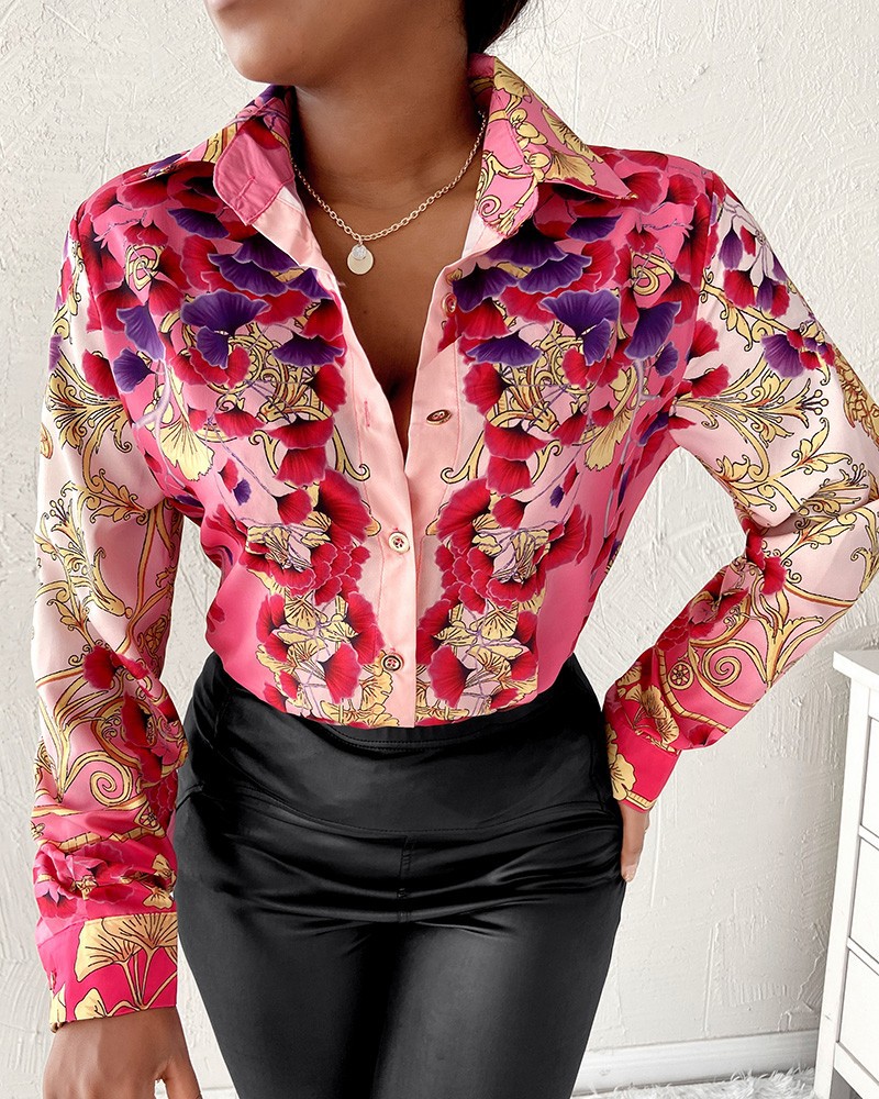 Women's Fashion Casual Polo Collar Button Printed Shirt