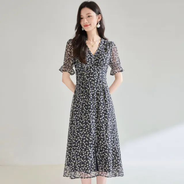 Waist tight Slimming V neckline Light Chiffon Printed Midi Skirt Black - Shop at LoveMi