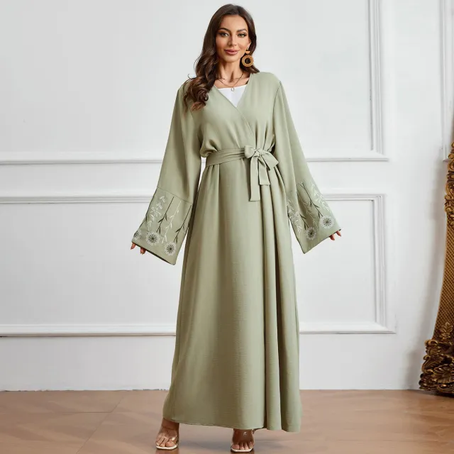 Fashionable Elegant Cardigan Belt Embroidered Dress Robe Green - Shop at LoveMi