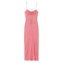 European And American Style Fashion Round Neck Backless Midi Skirt Dress - Pink Plaid - View 1