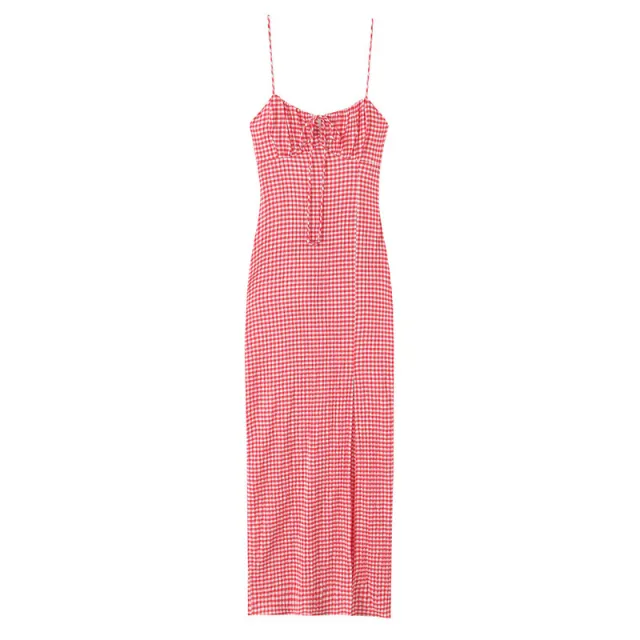 European And American Style Fashion Round Neck Backless Midi Skirt Dress Pink Plaid - Shop at LoveMi