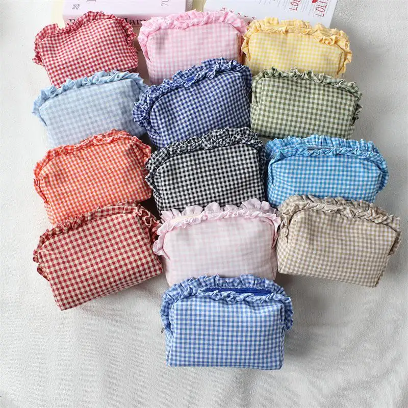 Pleated Plaid Lace Large-Capacity Pencil Case