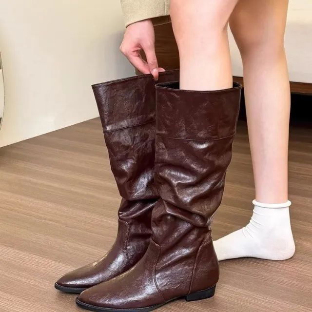 Small Retro Pointed Height Increasing Insole Boots Below The Knee High Brown - Shop at LoveMi